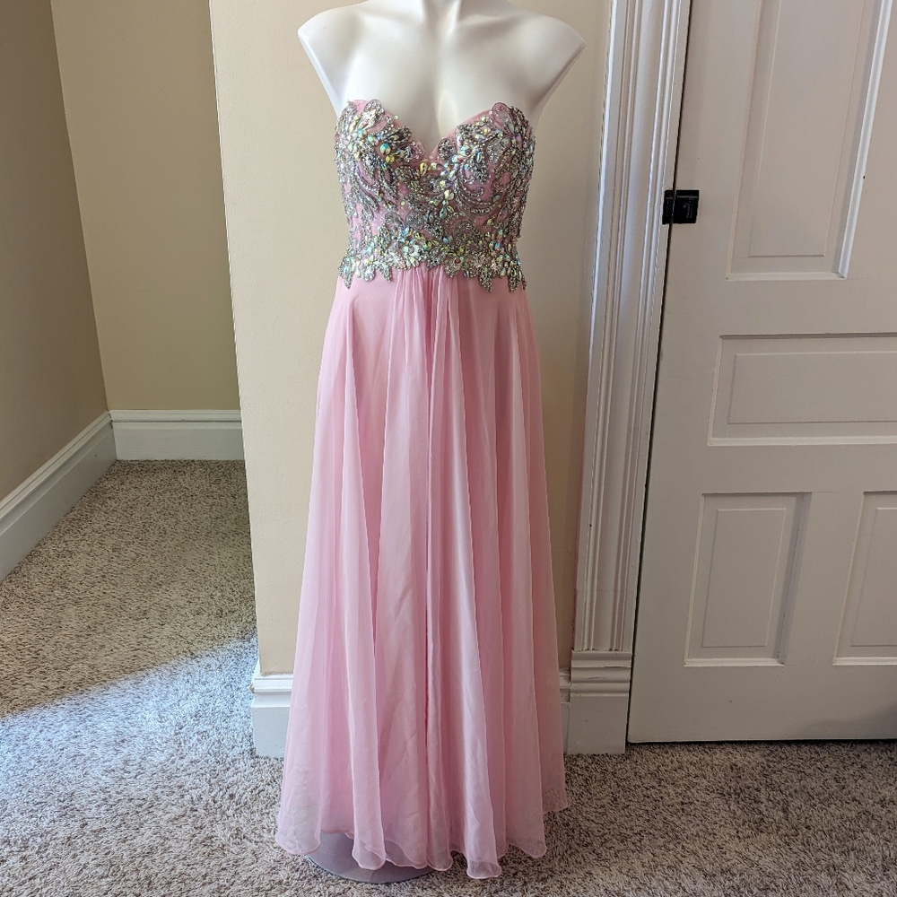 Bubble gum pink w/iridescent & silver sequin & beading strapless gown size 0